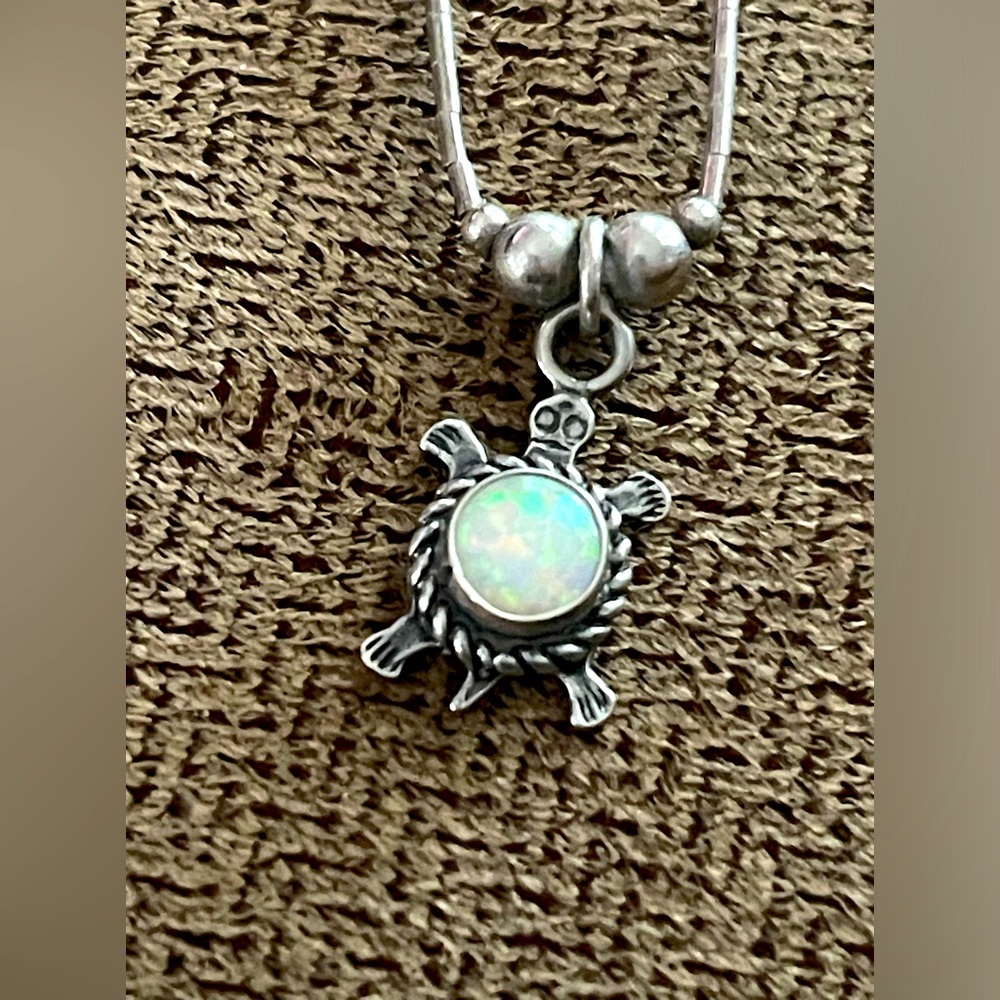 Sterling Silver White Fire Opal Turtle Pendant Necklace